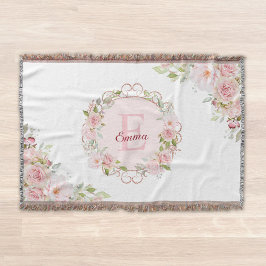 Monogram Watercolor Blush Pink Rose Flowers Floral Deken