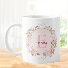 Monogram Watercolor Blush Pink Rose Flowers Floral Grote Koffiekop