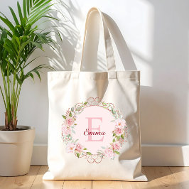 Monogram Watercolor Blush Pink Rose Flowers Floral Tote Bag