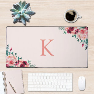 Monogram Watercolor Boho Roze Bourgondië Bloemen  Bureaumat