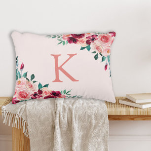 Monogram Watercolor Boho Roze Bourgondië Roos Bloe Accent Kussen