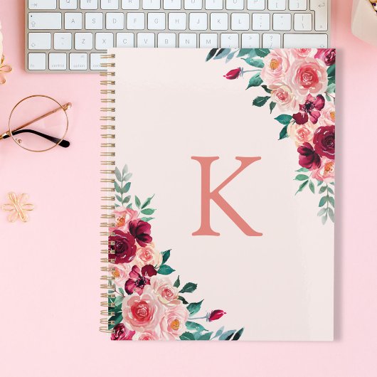 Monogram Watercolor Boho Roze Burgundy Roos Planner