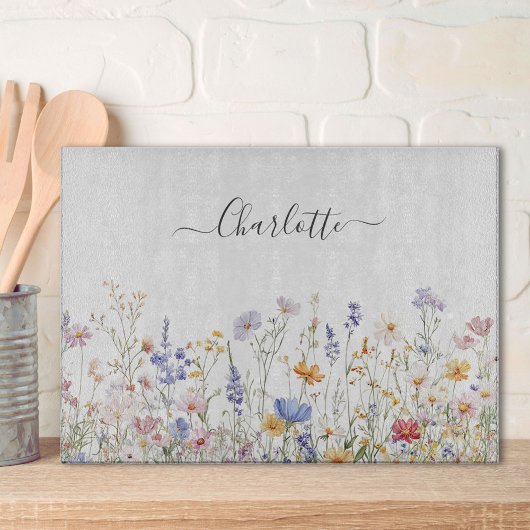 Monogram Watercolor Colorful Pretty Wildflower Snijplank