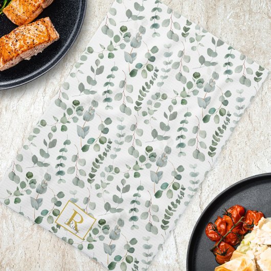 Monogram Watercolor Eucalyptus Bloemmotief Theedoek