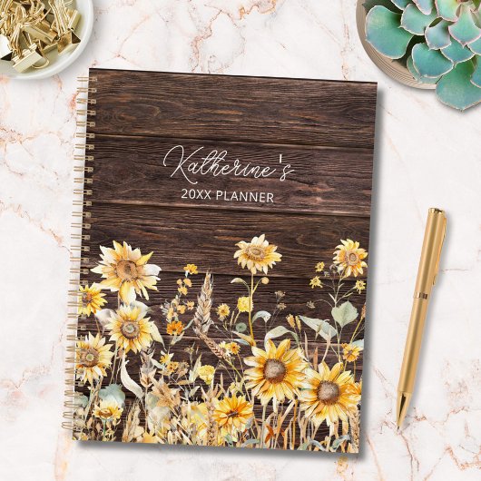 Monogram Watercolor Geel Zonnebloemveld Hout Planner