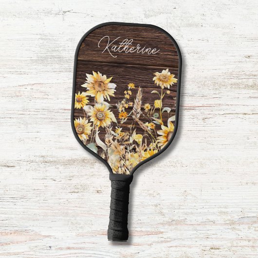 Monogram Watercolor Gele Zonnebloemveld Hout Pickleball Paddle
