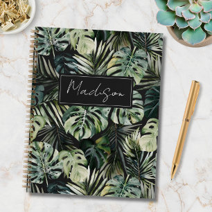 Monogram Watercolor Groen Tropisch Blad Patroon Notitieboek