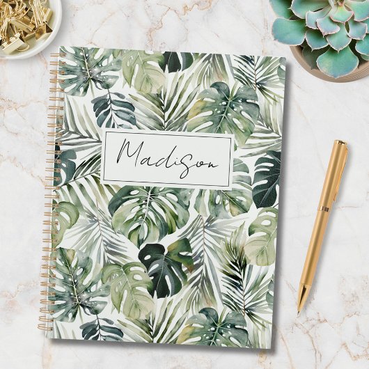 Monogram Watercolor Groen Tropisch Blad Patroon Planner