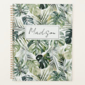 Monogram Watercolor Groen Tropisch Blad Patroon Planner (Voorkant)