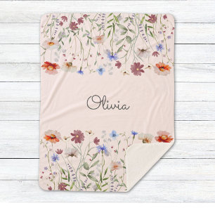 Monogram Watercolor Kleurrijke Wilde Bloemenweide Sherpa Deken