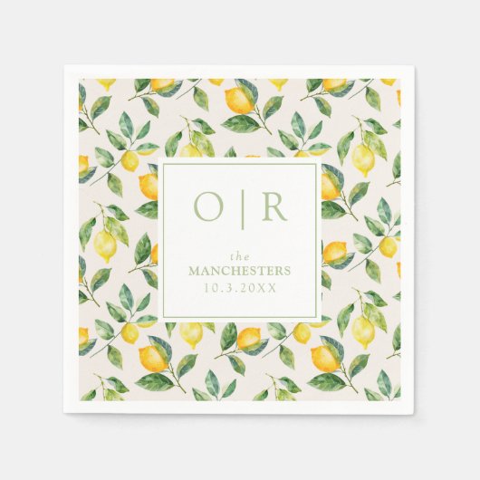 Monogram Watercolor Lemon Wedding Servet (Voorkant)
