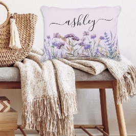 Monogram Watercolor Paarse Weidebloemenweide Accent Kussen
