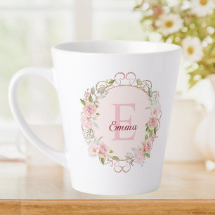 Monogram Watercolor Roze Bloem Bloemen Floral Latte Mok
