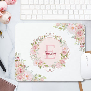 Monogram Watercolor Roze Roze Bloemen Bloemig Muismat