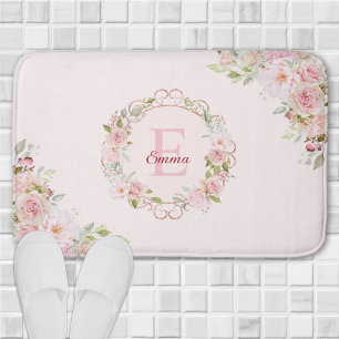 Monogram Watercolor Roze Rozen Bloemen Bloemig Badmat
