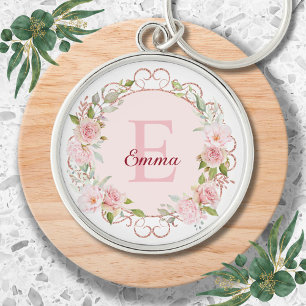 Monogram Watercolor Roze Rozen Bloemen Bloemig Sleutelhanger