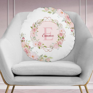 Monogram Watercolor Roze Rozen Bloemen Bloemstuk Rond Kussen