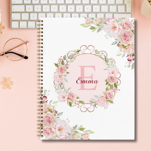 Monogram Watercolor Roze Rozen Schetsboek Notitieboek