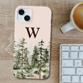 Monogram Watercolor Rustic Green Forest iPhone 15 Mini Hoesje