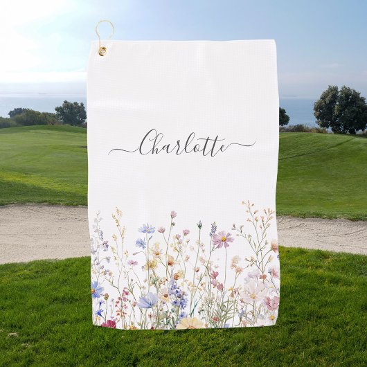 Monogram Watercolor Rustic Pretty Wildflower Field Golfhanddoek