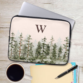 Monogram Watercolor Rustieke Groene Bos Laptop Sleeve
