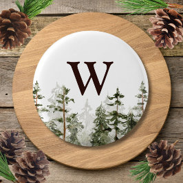 Monogram Watercolor Rustieke Groene Bos Ronde Button 3,2 Cm