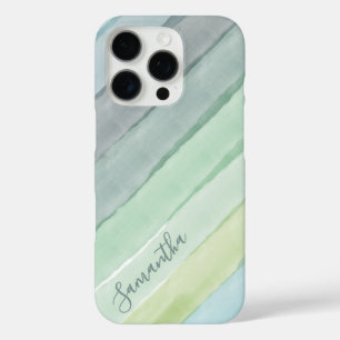 Monogram Watercolor Strepen Gradiënt Groen Blauw iPhone 16 Pro Hoesje
