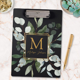 Monogram Watercolor Tropical Eucalyptus Black Klembord