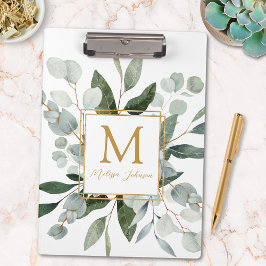 Monogram Watercolor Tropical Eucalyptus White Klembord