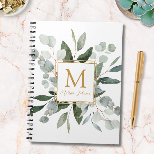 Monogram Watercolor Tropical Green Eucalyptus Notitieboek