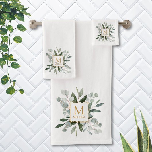 Monogram Watercolor Tropical Green Leaves Bad Handdoek