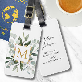 Monogram Watercolor Tropical Green Leaves Bagagelabel