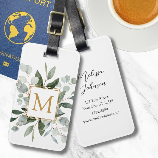 Monogram Watercolor Tropical Green Leaves Bagagelabel