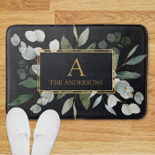 Monogram Watercolor Tropical Green Leaves Black Badmat