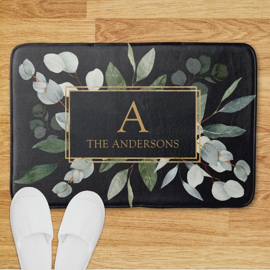 Monogram Watercolor Tropical Green Leaves Black Badmat