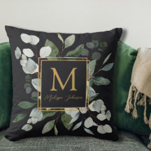 Monogram Watercolor Tropical Green Leaves Black