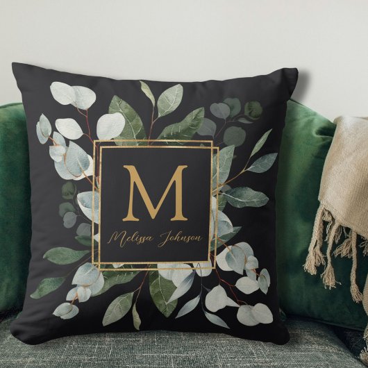 Monogram Watercolor Tropical Green Leaves Black Kussen