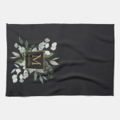 Monogram Watercolor Tropical Green Leaves Black Theedoek (Horizontaal)