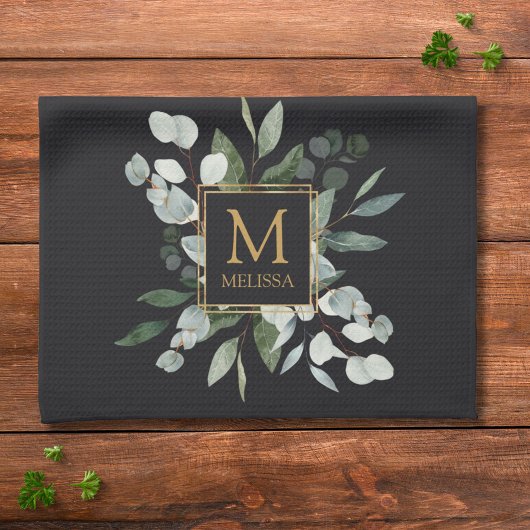 Monogram Watercolor Tropical Green Leaves Black Theedoek