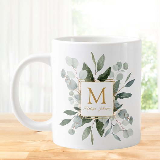 Monogram Watercolor Tropical Green Leaves Grote Koffiekop