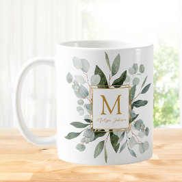 Monogram Watercolor Tropical Green Leaves Koffiemok