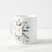 Monogram Watercolor Tropical Green Leaves Koffiemok (Voorkant links)