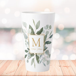 Monogram Watercolor Tropical Green Leaves Latte Mok