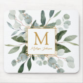 Monogram Watercolor Tropical Green Leaves Muismat (Voorkant)