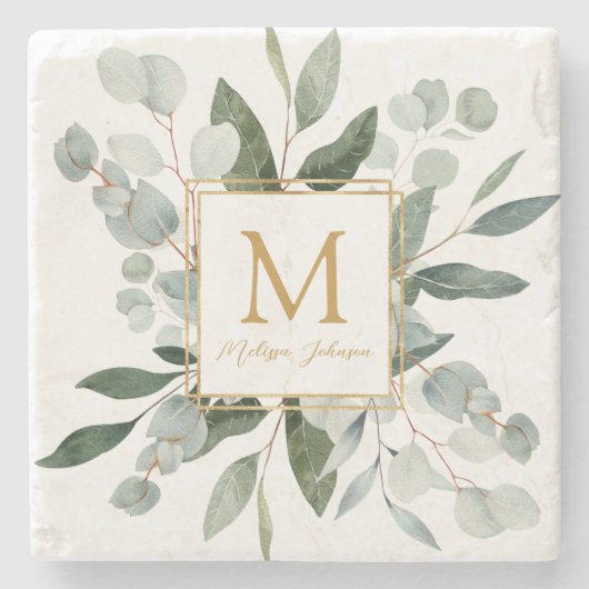 Monogram Watercolor Tropical Green Leaves Stenen Onderzetter (Voorkant)