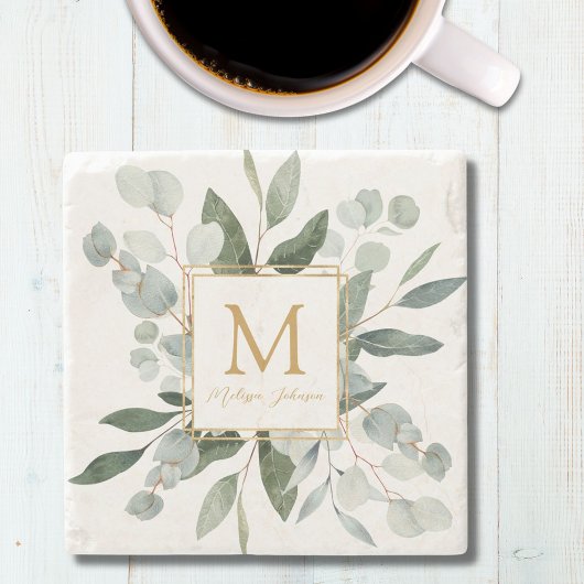 Monogram Watercolor Tropical Green Leaves Stenen Onderzetter