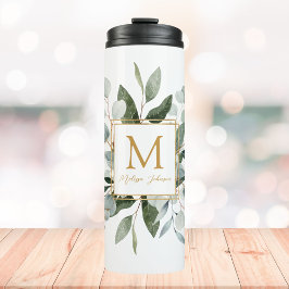 Monogram Watercolor Tropical Green Leaves Thermosbeker