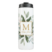 Monogram Watercolor Tropical Green Leaves Thermosbeker (Voorkant)