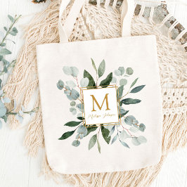 Monogram Watercolor Tropical Green Leaves Tote Bag