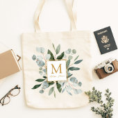 Monogram Watercolor Tropical Green Leaves Tote Bag